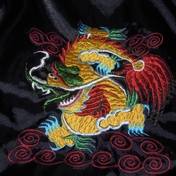 Vintage Red Black Reversible Dragon Silk Embroidered Maxi Robe Kimono X-LG - Picture 5 of 6